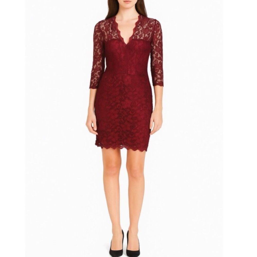 Karen Kane Womens Burgundy Stretch Lace V-Neck 3/4 Sleeve Cocktail Dress Size S